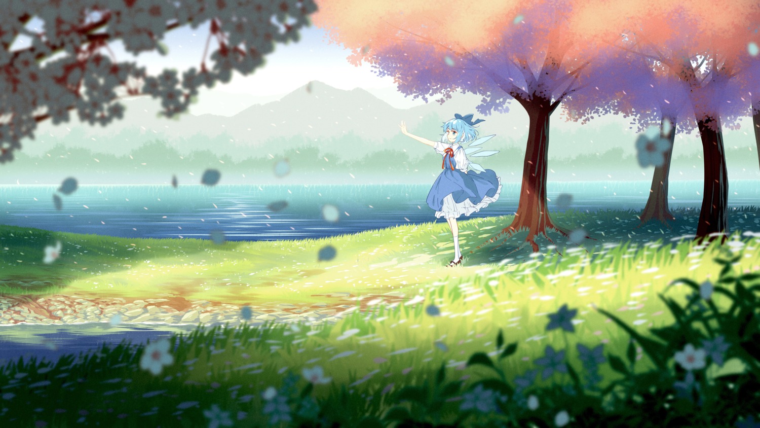 cirno, fairy, jiege, landscape, skirt_lift, touhou, wallpaper, wings