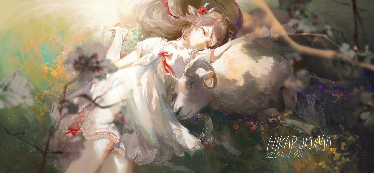 animal_ears, arknights, daylightallure, dress, eyjafjalla_(arknights), horns