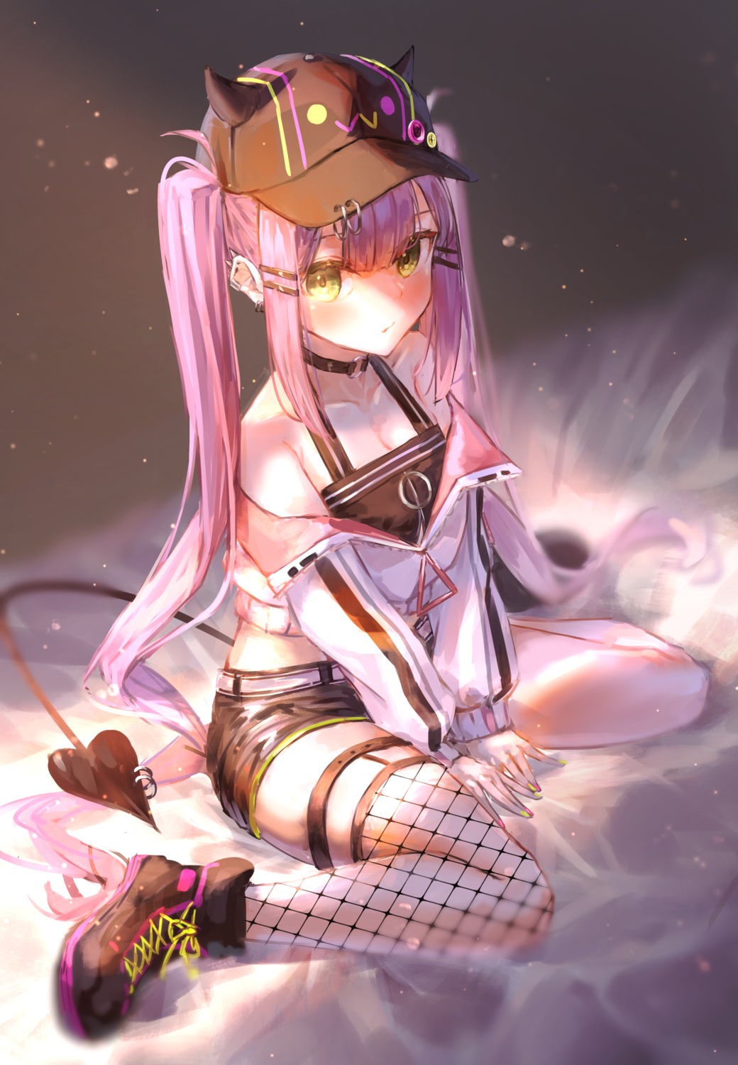 cleavage, fishnets, garter, hololive, stockings, tail, thighhighs, tokoyami_towa