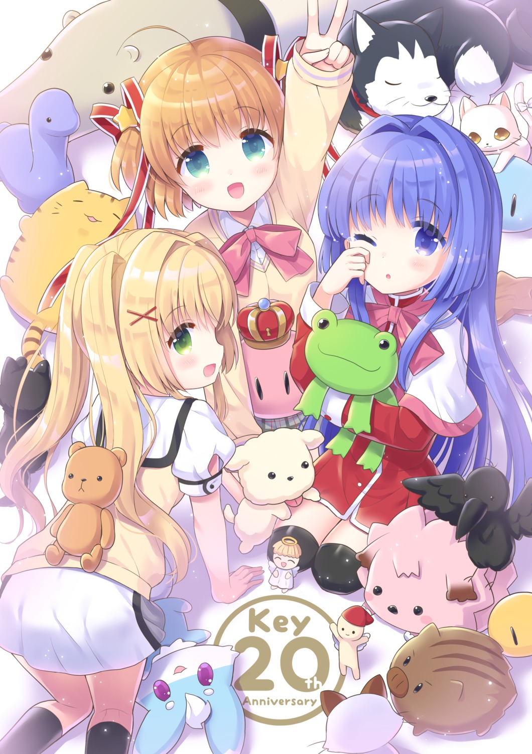 air, botan_(clannad), clannad, crossover, hoshimame_mana, kamikita_komari, kanon, little_busters!, minase_nayuki, neko, rewrite, seifuku, summer_pockets, sweater, thighhighs, tsumugi_wenders