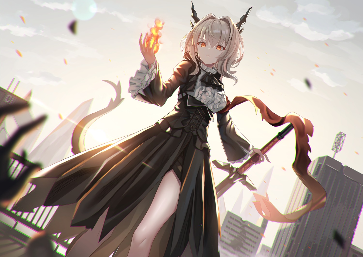 arknights, horns, lolita_fashion, mirufuaa, sword, tail, talulah_(arknights)