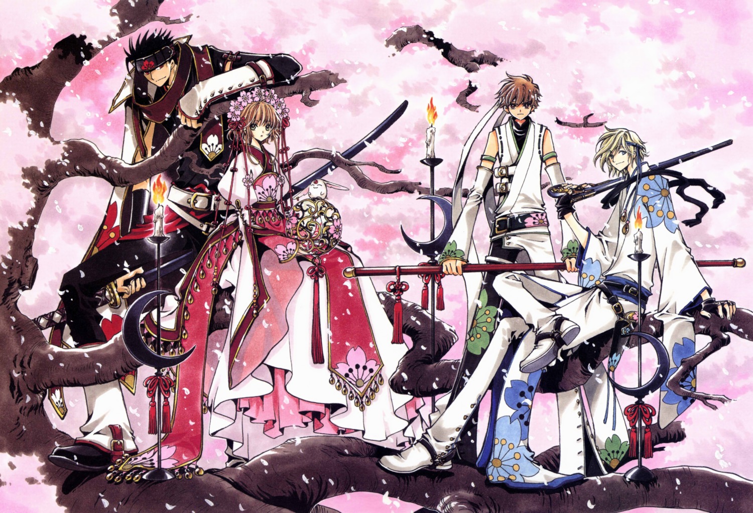 clamp, fai_d._flourite, japanese_clothes, kimono, kinomoto_sakura, kurogane, li_syaoran, mokona