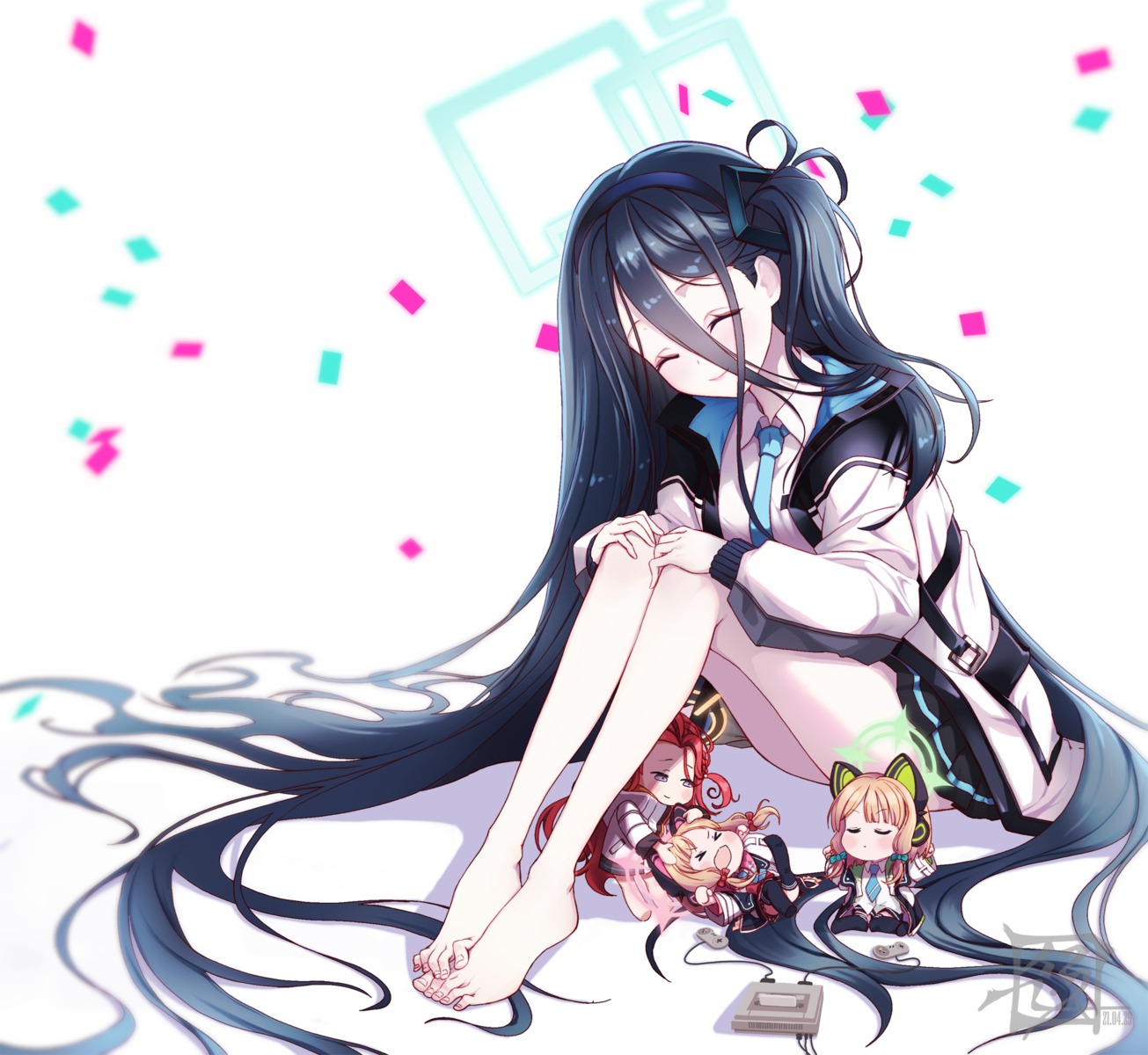 animal_ears, blue_archive, chibi, headphones, seifuku, skirt_lift, suryua, tendou_aris