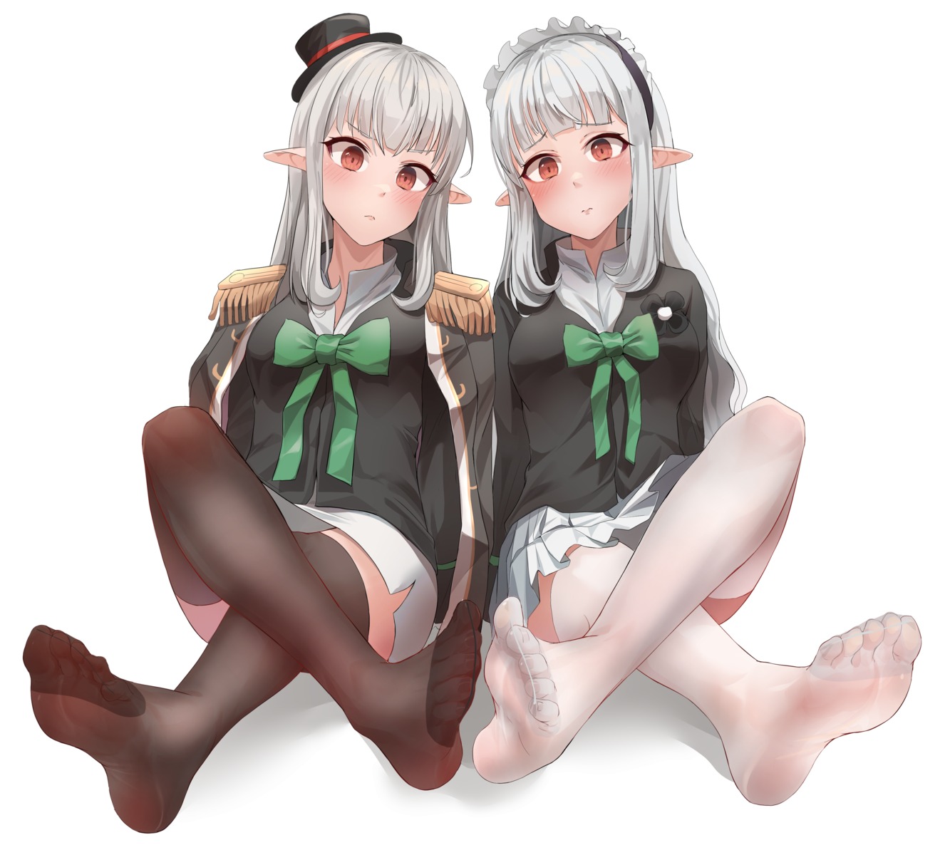 dungeon_fighter, feet, pharamacom, pointy_ears, skirt_lift, thighhighs, uniform