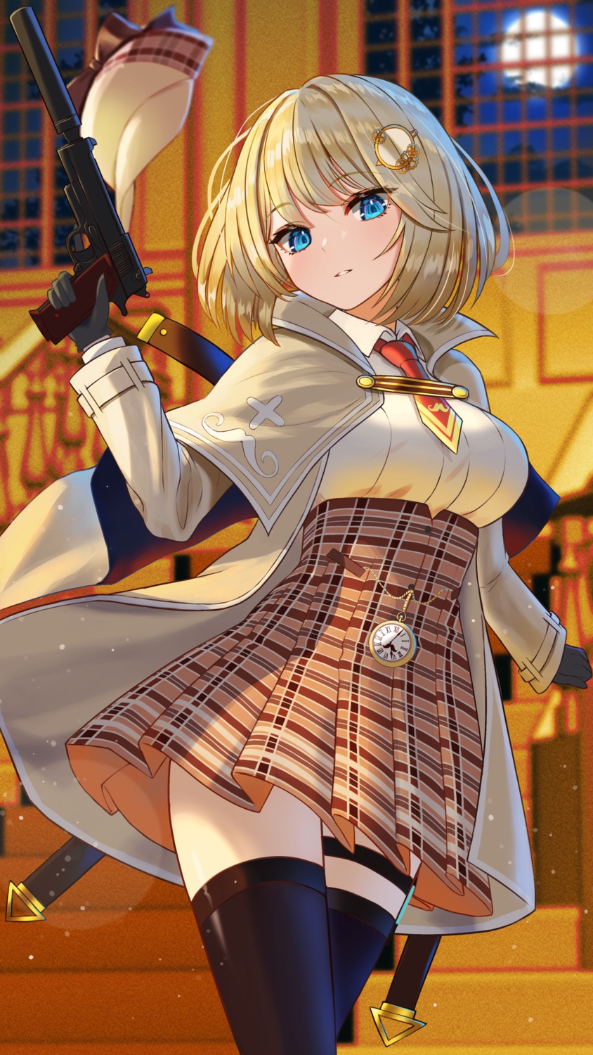 garter, gun, hololive, hololive_english, inari_(ambercrown), seifuku, thighhighs, watson_amelia