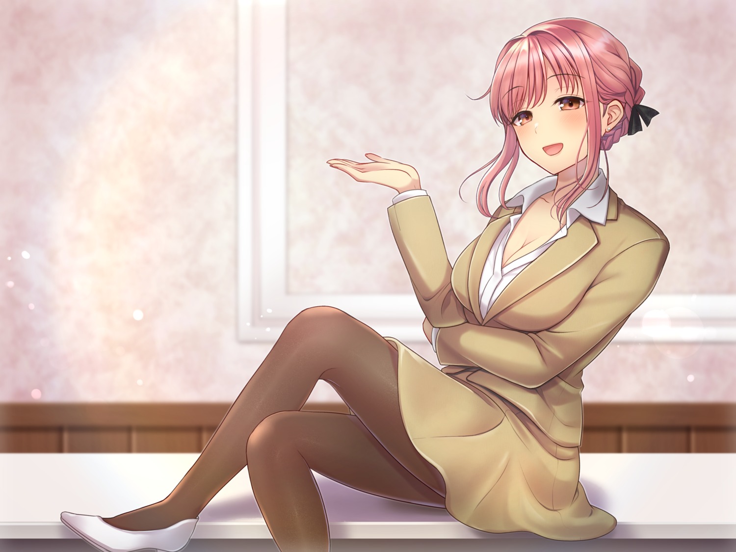 asahi_yanagi, business_suit, cleavage, heels, pantyhose, skirt_lift