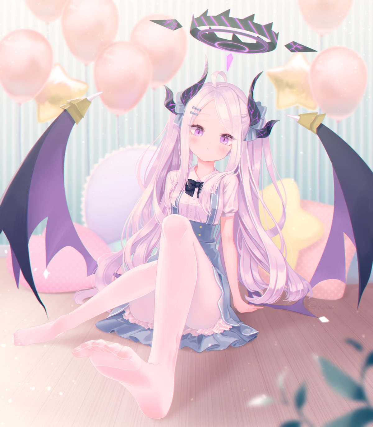 blue_archive, devil, feet, halo, horns, nishiki_koi, pantyhose, skirt_lift, sorasaki_hina, wings
