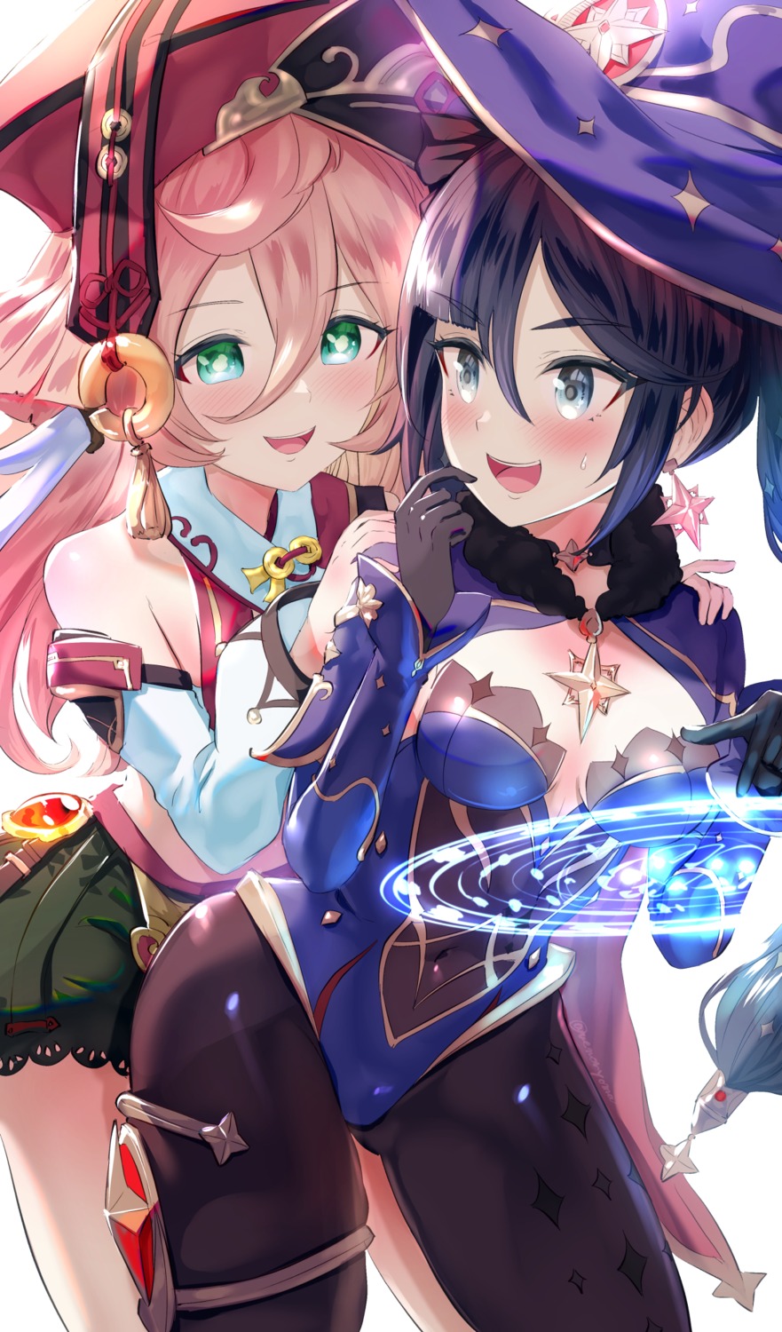 asian_clothes, garter, genshin_impact, leotard, mona_megistus, no_bra, pantyhose, uenoryoma, witch