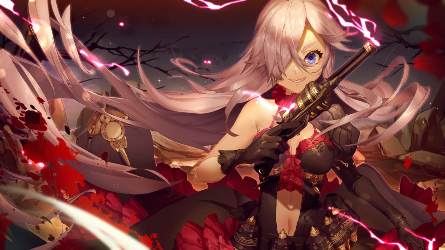 blood, cinderella_(sinoalice), cleavage, dress, gun, no_bra, sawashi_(ur-sawasi), sinoalice
