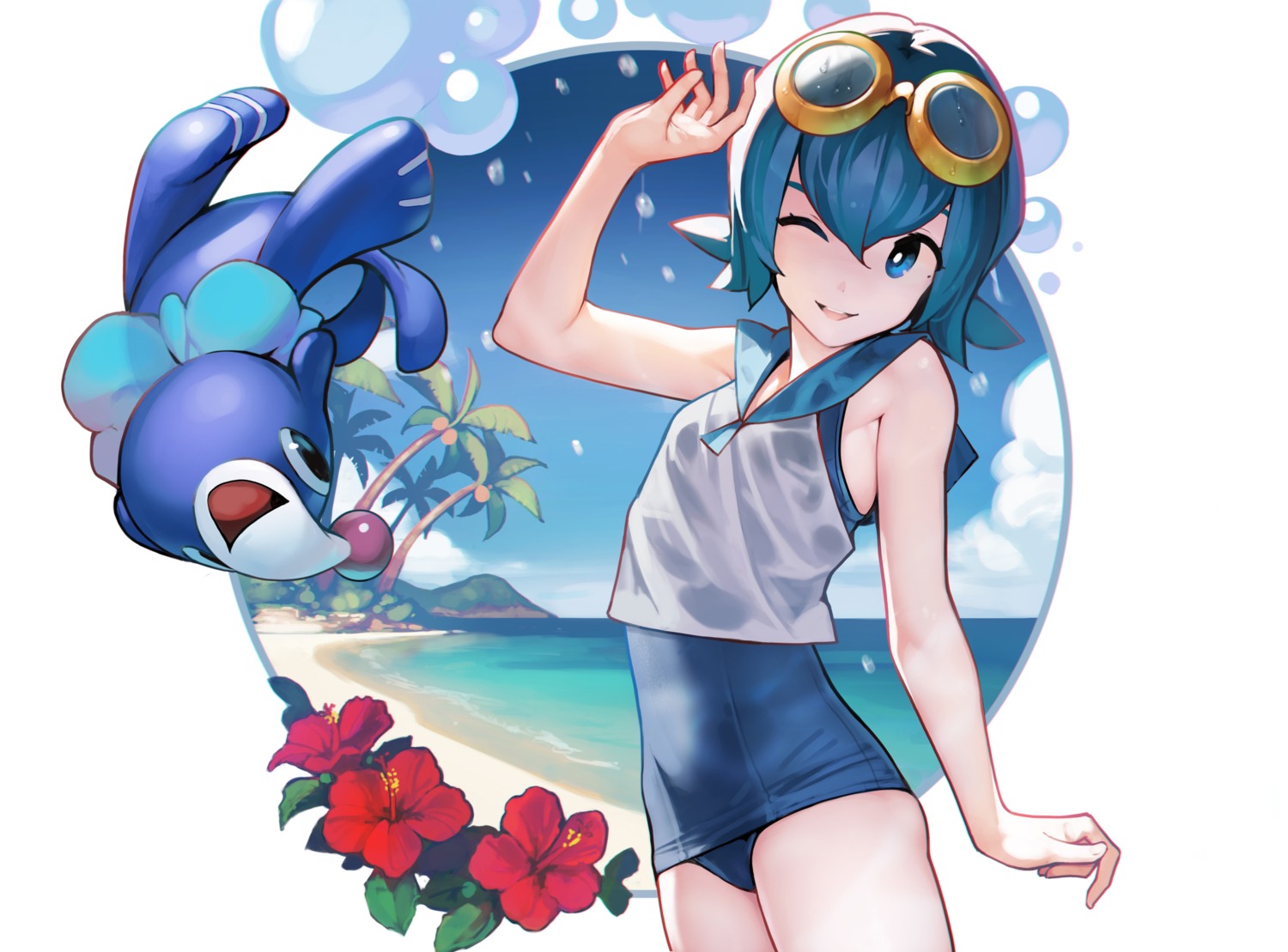 ataruman, megane, pokemon, pokemon_sm, pokemon_usum, popplio, school_swimsuit, see_through