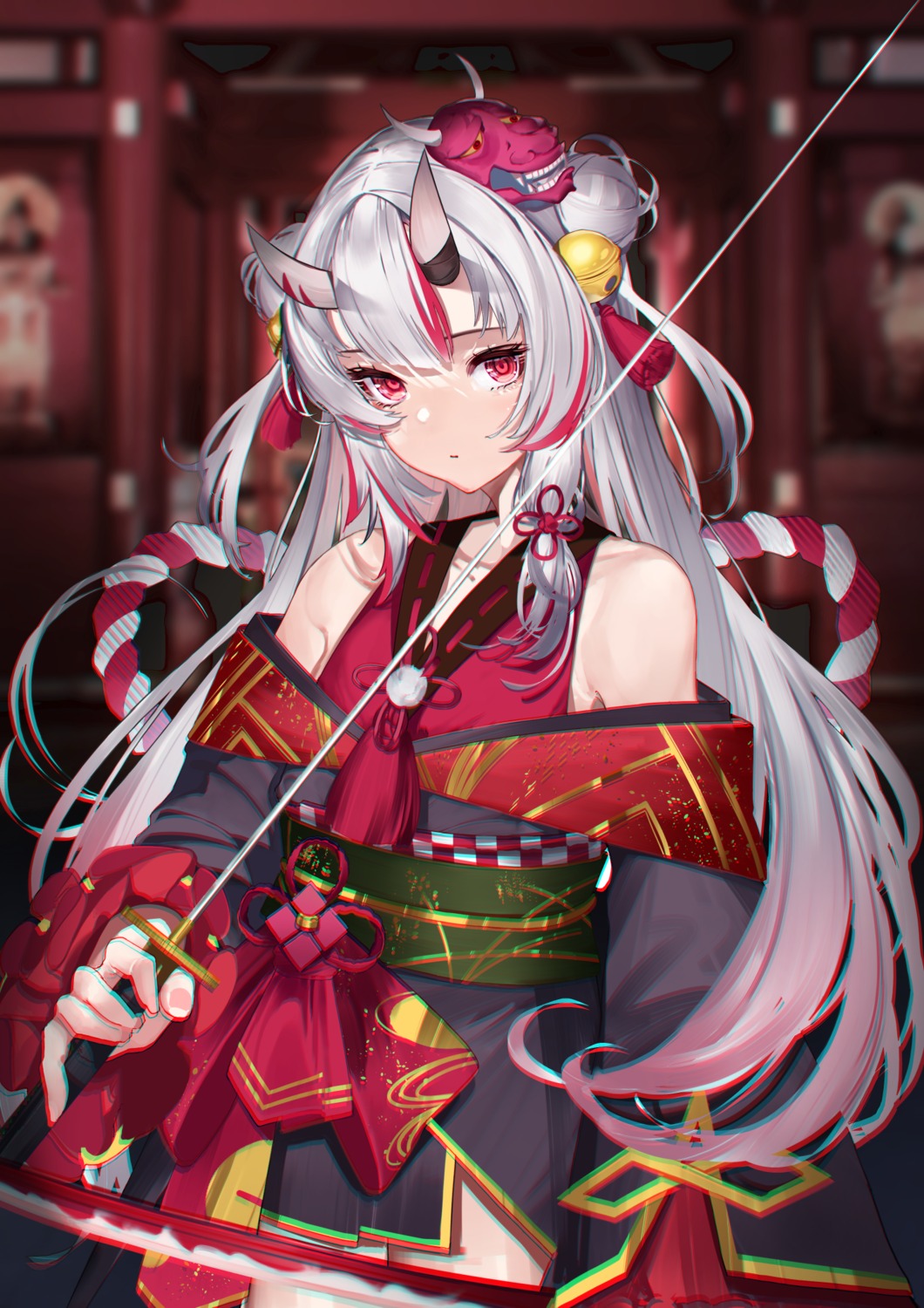 hololive, horns, japanese_clothes, lamium_(artist), nakiri_ayame, sword