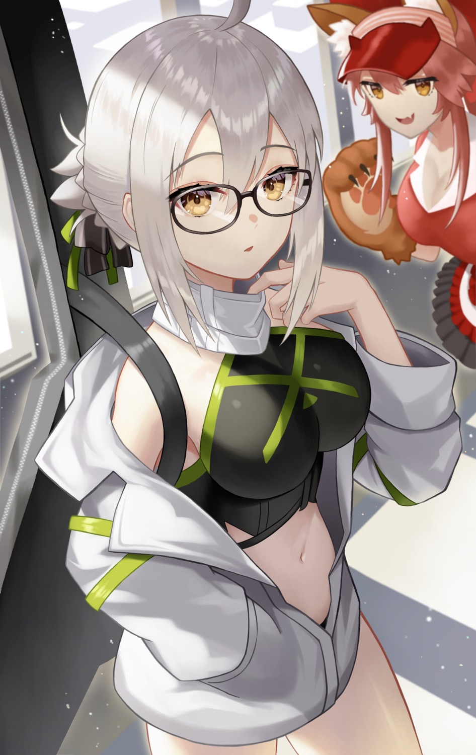 animal_ears, fate/grand_order, heroine_x_alter, kitsune, megane, open_shirt, roina, tamamo_cat