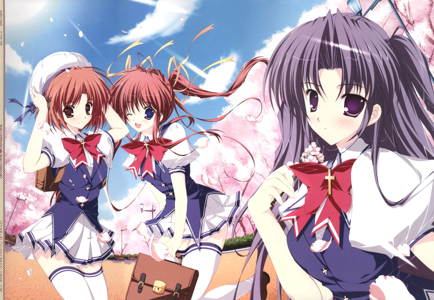 asakura_nanao, hagiwara_tomoe, lyrical_lyric, mikeou, seifuku, skirt_lift, takami_rin, thighhighs