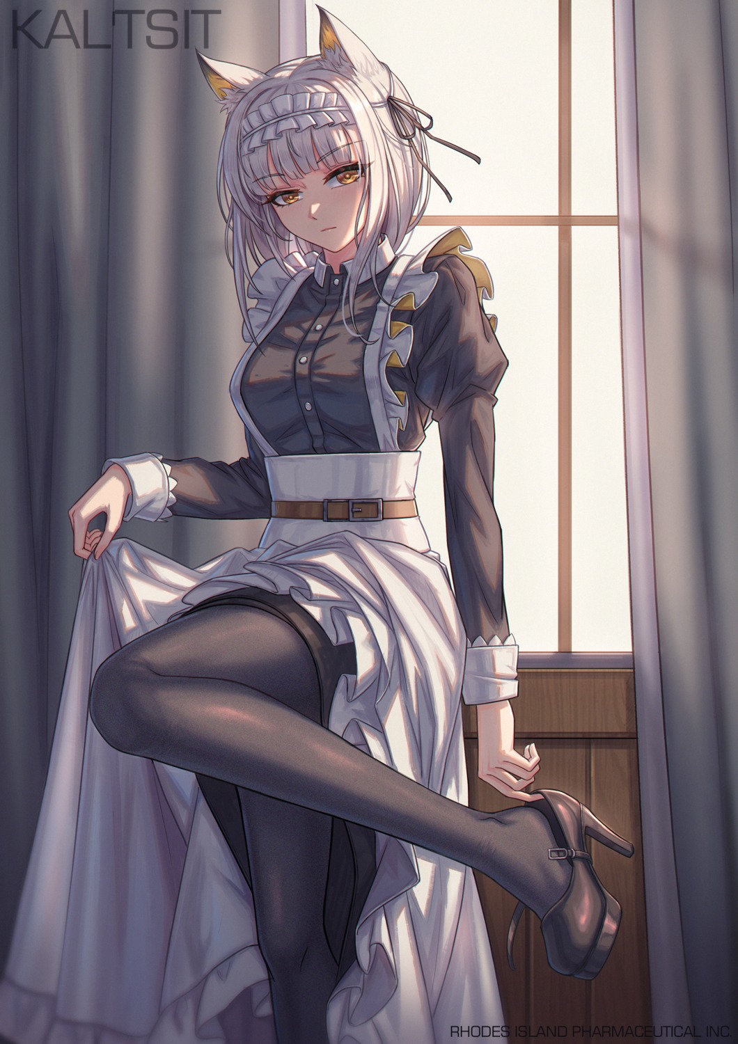 animal_ears, arknights, heels, kal'tsit_(arknights), maid, nairobi_song, pantyhose, skirt_lift