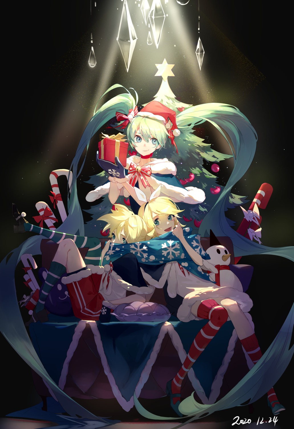 acr, christmas, dress, hatsune_miku, kagamine_len, kagamine_rin, thighhighs, vocaloid