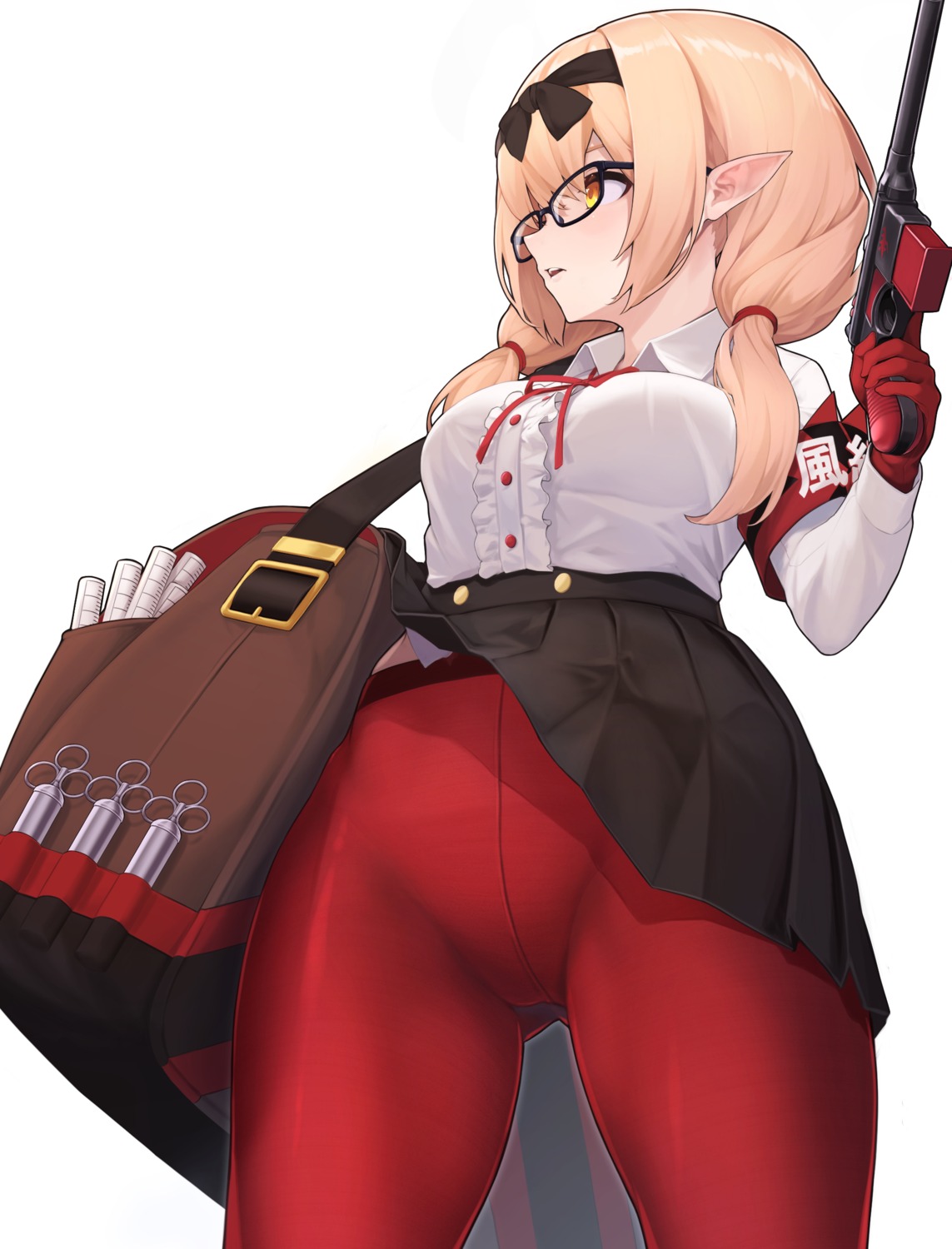 blue_archive, gun, hinomiya_chinatsu, mari0ball, megane, pantyhose, pointy_ears, seifuku, skirt_lift, wardrobe_malfunction