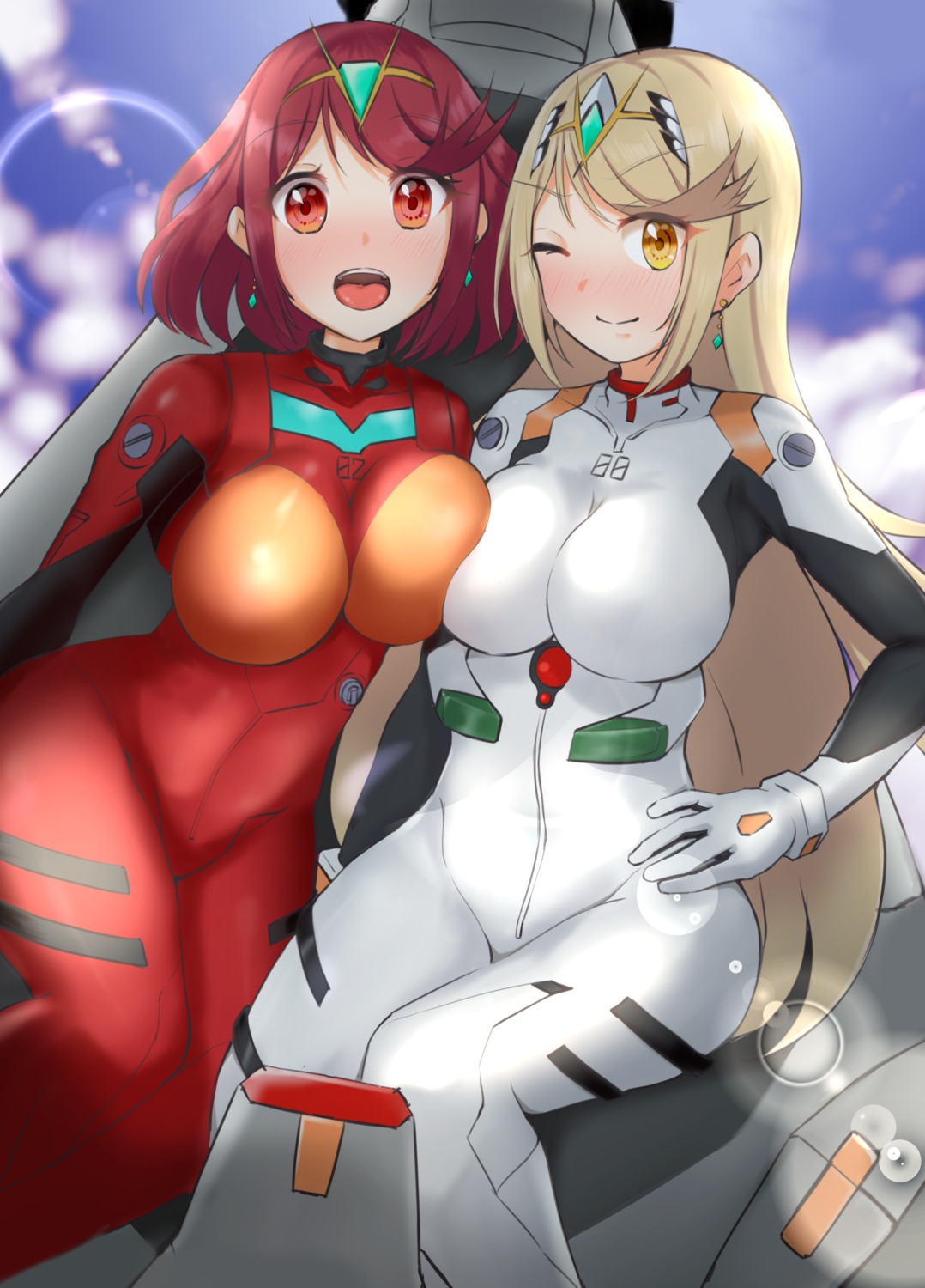 bodysuit, cosplay, hikari_(xenoblade_2), homura_(xenoblade_2), ii_tea, neon_genesis_evangelion, xenoblade_(series), xenoblade_2