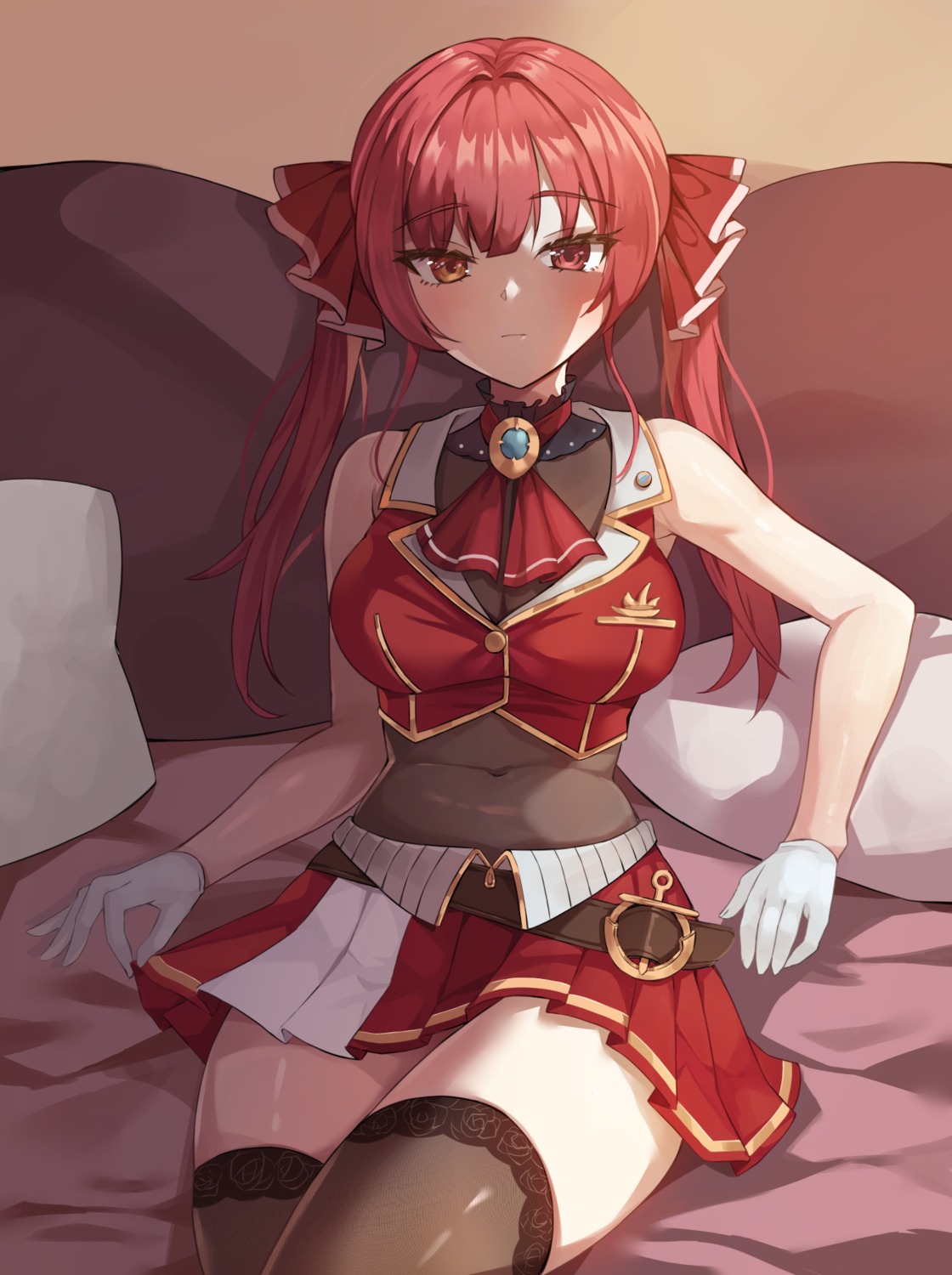 amanoyui, heterochromia, hololive, houshou_marine, skirt_lift, thighhighs