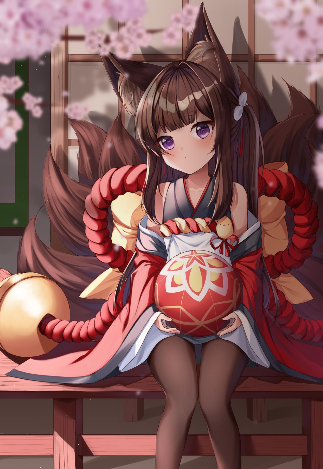 amagi-chan_(azur_lane), amagi_(azur_lane), animal_ears, azur_lane, hareriya, japanese_clothes, kitsune, manjuu_(azur_lane), pantyhose, skirt_lift, tail, thighhighs