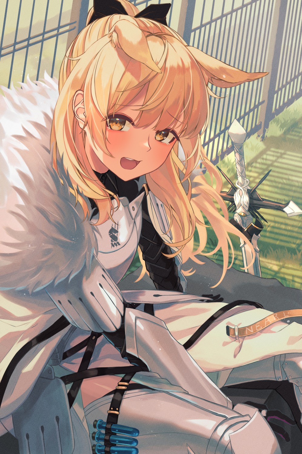 animal_ears, arknights, armor, blemishine_(arknights), garter, roco_(rocoroco1115), sword, thighhighs