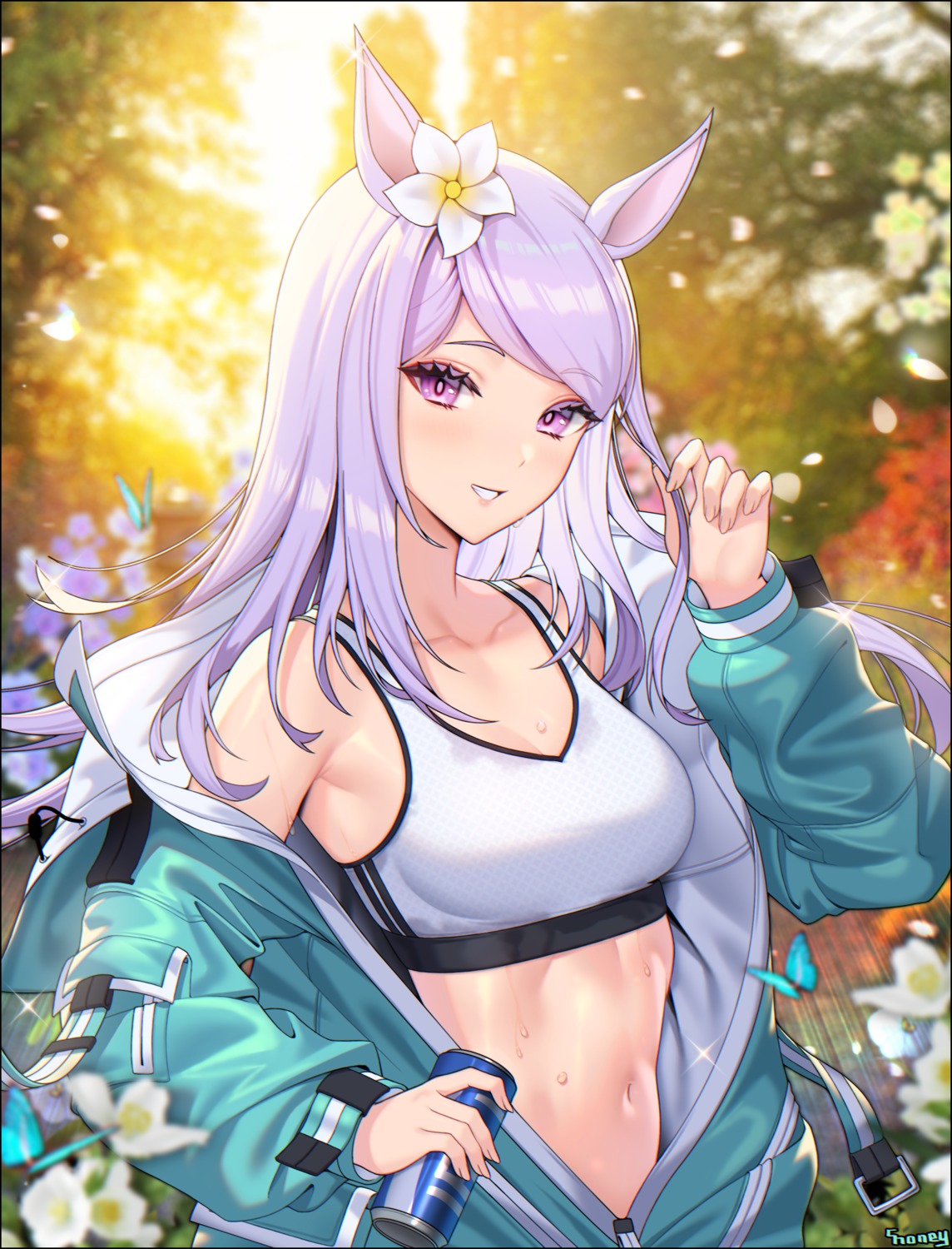 animal_ears, bra, choney, gym_uniform, mejiro_mcqueen_(umamusume), open_shirt, uma_musume_pretty_derby