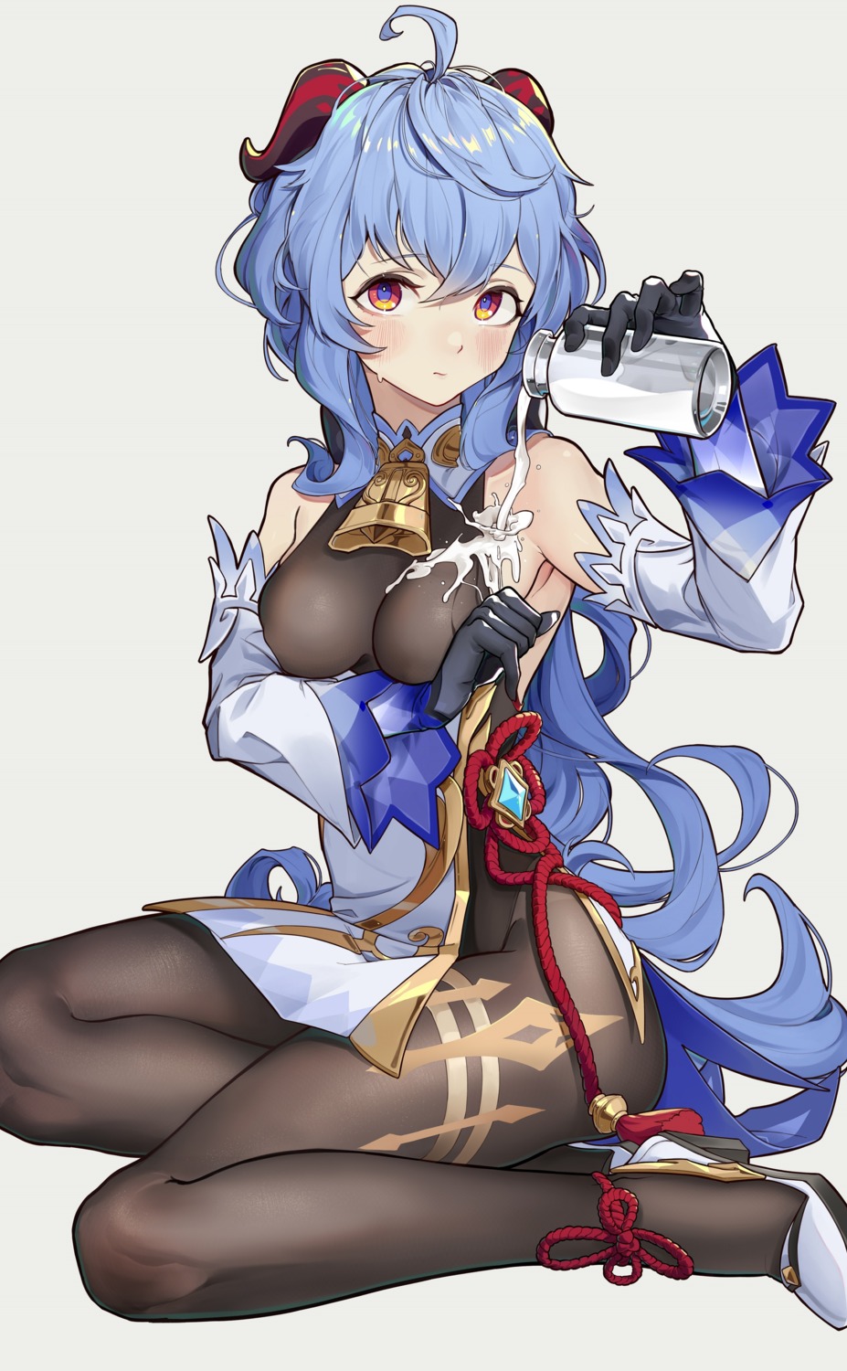 asian_clothes, breast_hold, cream, dpea9, ganyu, genshin_impact, heels, horns, leotard, pantyhose