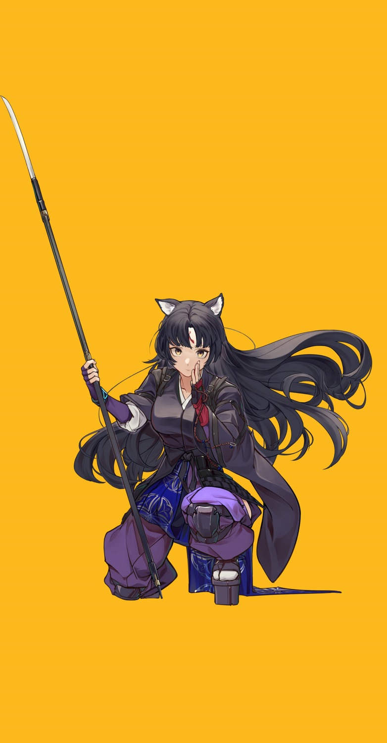 animal_ears, arknights, dpea9, japanese_clothes, saga_(arknights), weapon