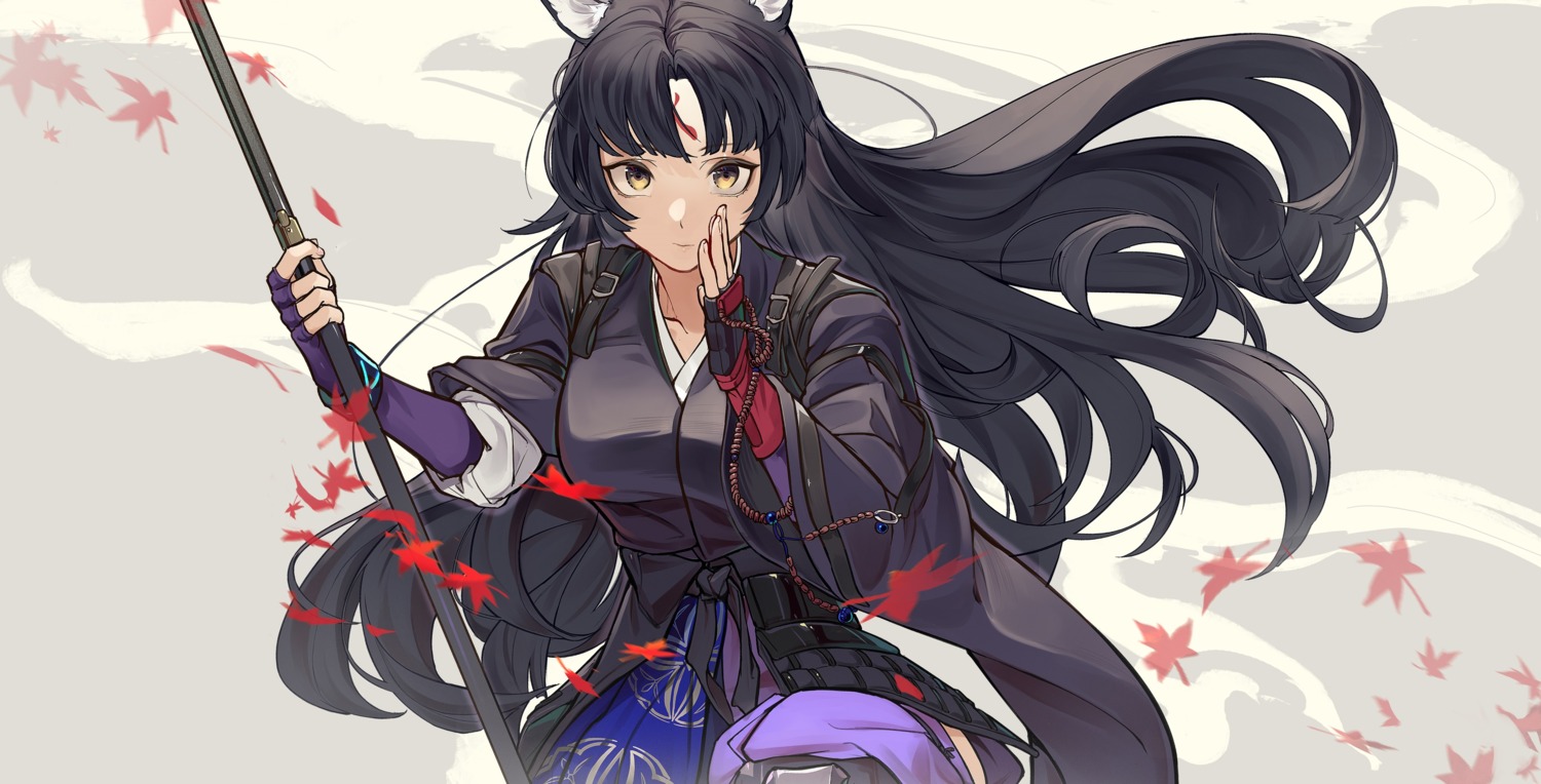 animal_ears, arknights, dpea9, japanese_clothes, saga_(arknights), weapon