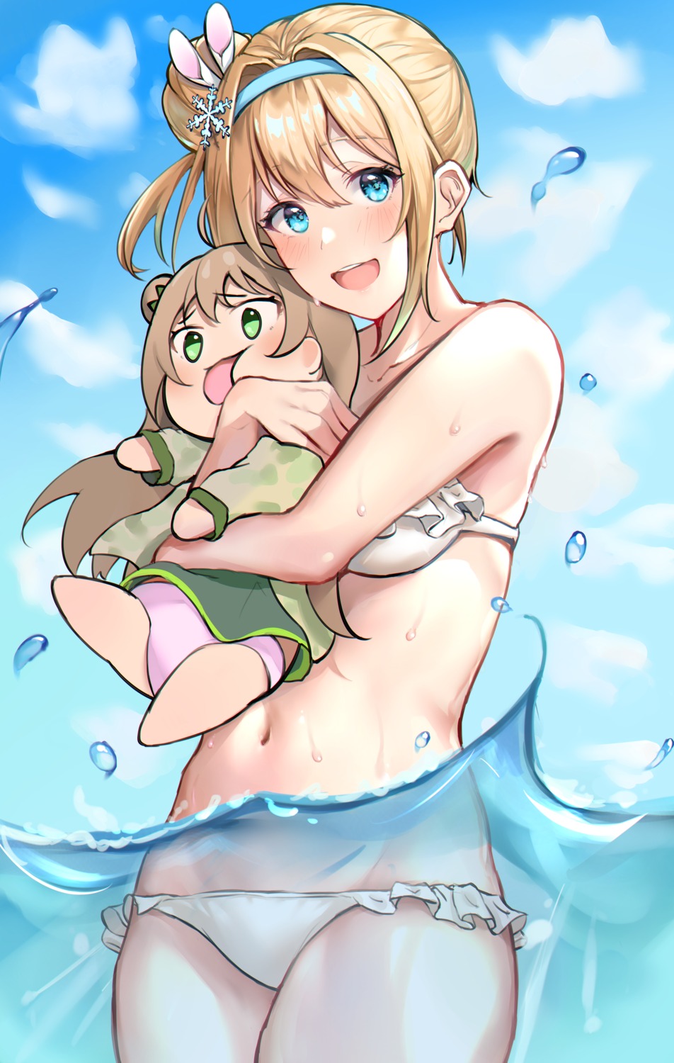 bikini, chibi, girls_frontline, pantsu, skirt_lift, suomi_kp31_(girls_frontline), swimsuits, wet
