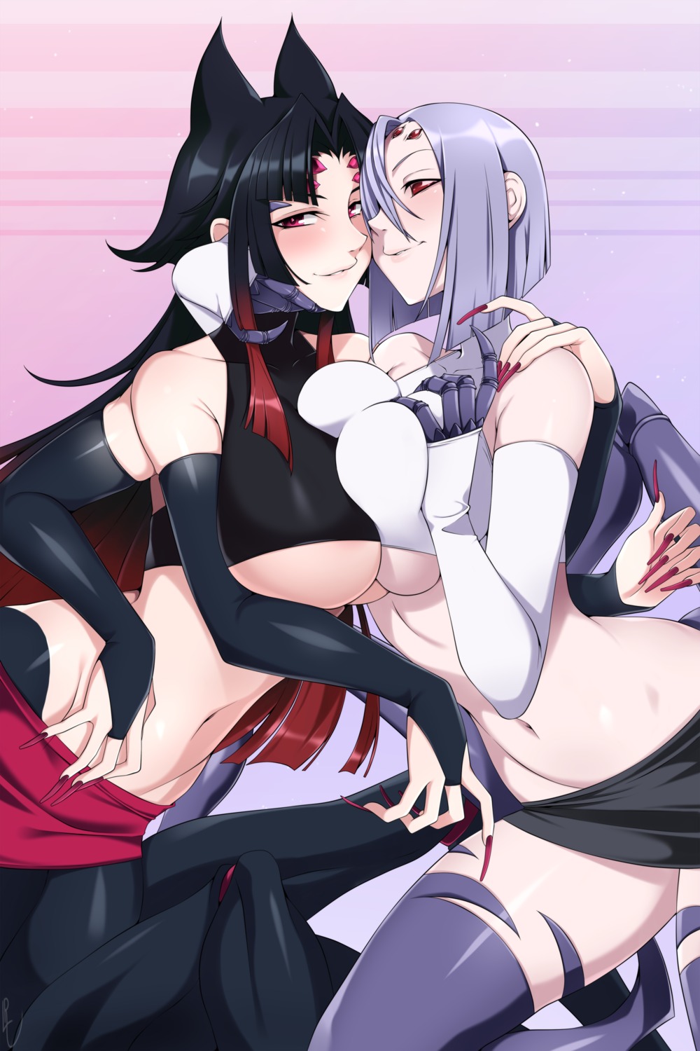 arahnia_taranterra_arachnida, breast_hold, crossover, lindaroze, monster_girl, monster_musume_no_iru_nichijou, monster_musume_no_oisha-san, no_bra, rachnera_arachnera, symmetrical_docking, yuri