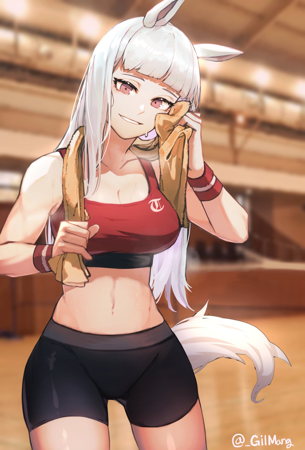 animal_ears, bike_shorts, gilmang, gold_ship_(umamusume), gym_uniform, tail, towel, uma_musume_pretty_derby