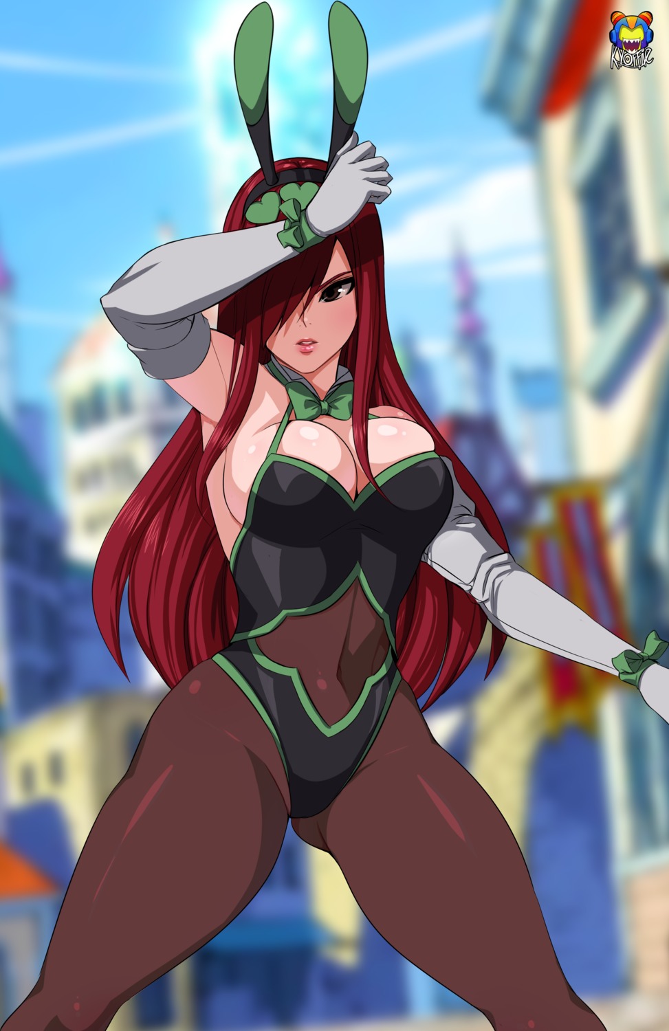 animal_ears, bunny_ears, bunny_girl, erza_scarlet, fairy_tail, kyoffie12, no_bra, pantyhose