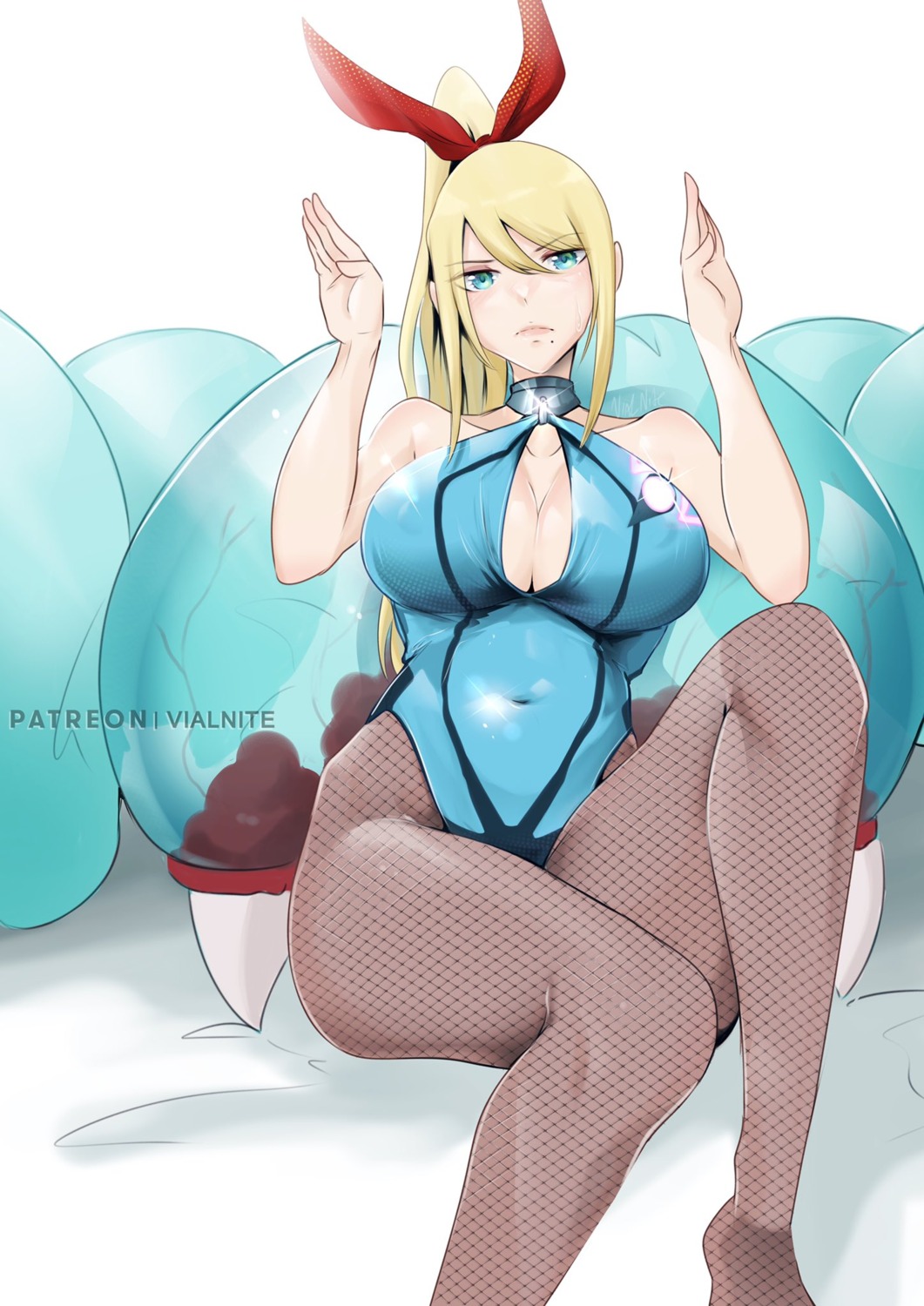 animal_ears, bunny_ears, bunny_girl, cleavage, fishnets, metroid, no_bra, pantyhose, samus_aran, vialnite