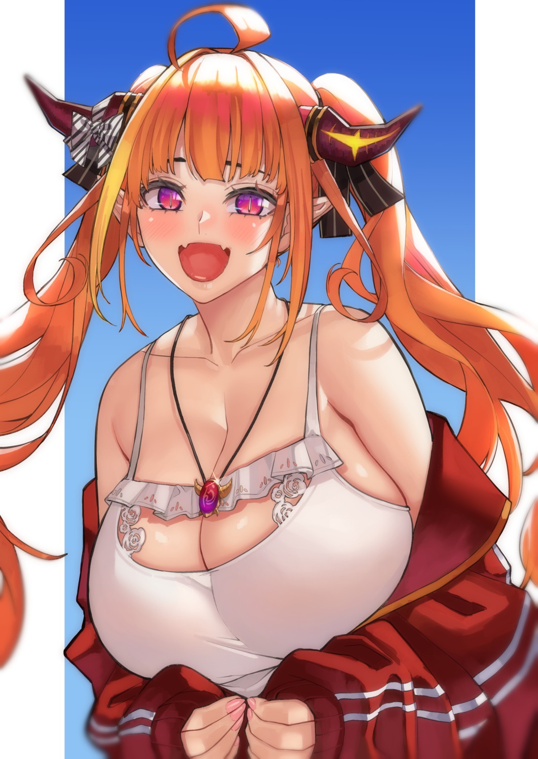 blood_hood, cleavage, hololive, horns, kiryuu_coco, no_bra, pointy_ears