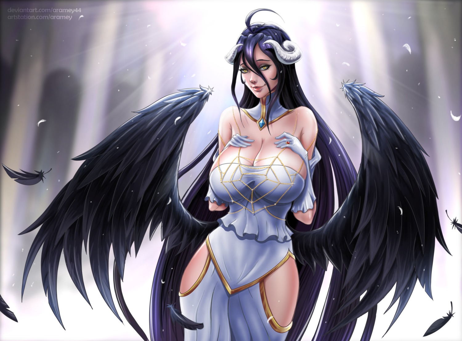 albedo_(overlord), aramey44, breast_hold, dress, horns, no_bra, overlord, wings