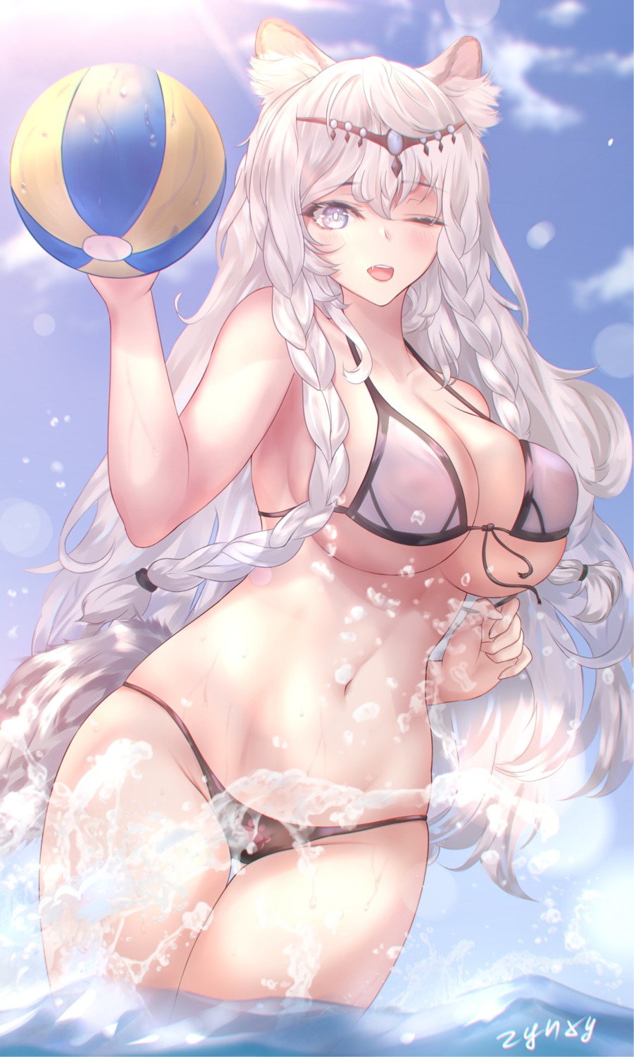 animal_ears, arknights, bikini, pramanix_(arknights), swimsuits, tail, wet, zynsai