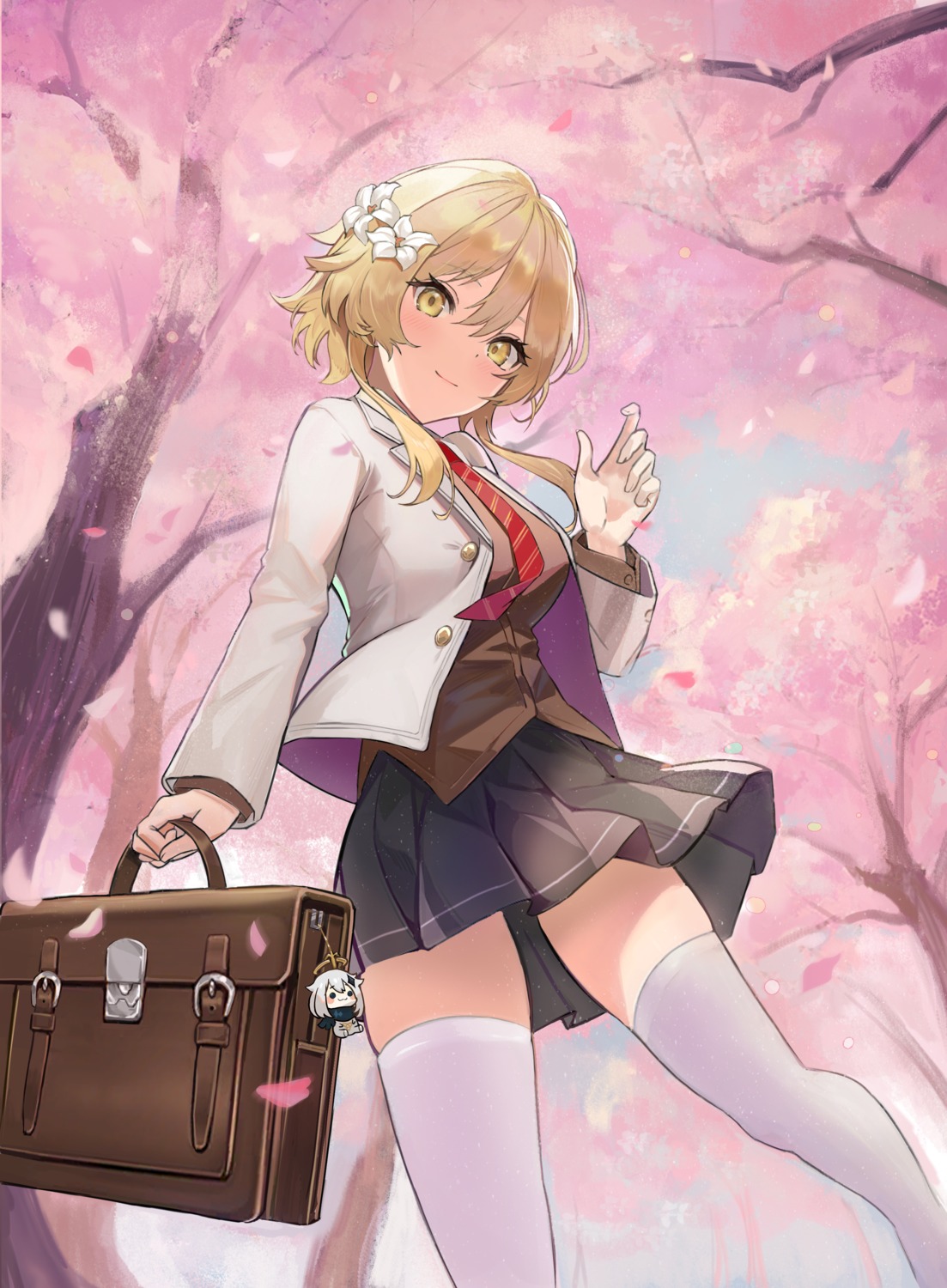 genshin_impact, lumine, seifuku, shaobao_(sdhx3728), skirt_lift, thighhighs
