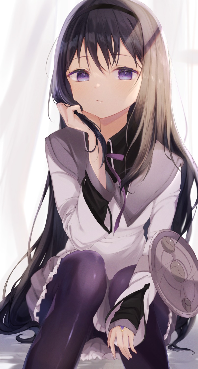 akemi_homura, mahou_shoujo_madoka_magica, okomeillust, pantyhose, skirt_lift