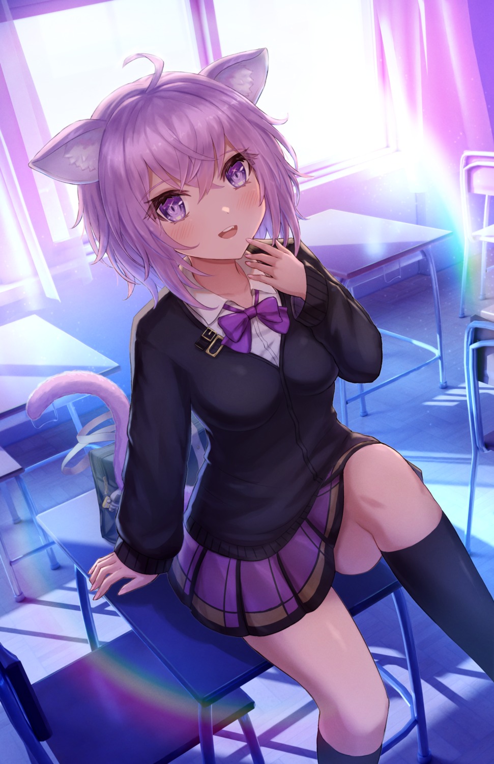 animal_ears, hololive, hololive_gamers, nekomata_okayu, nekomimi, oridays, seifuku, skirt_lift