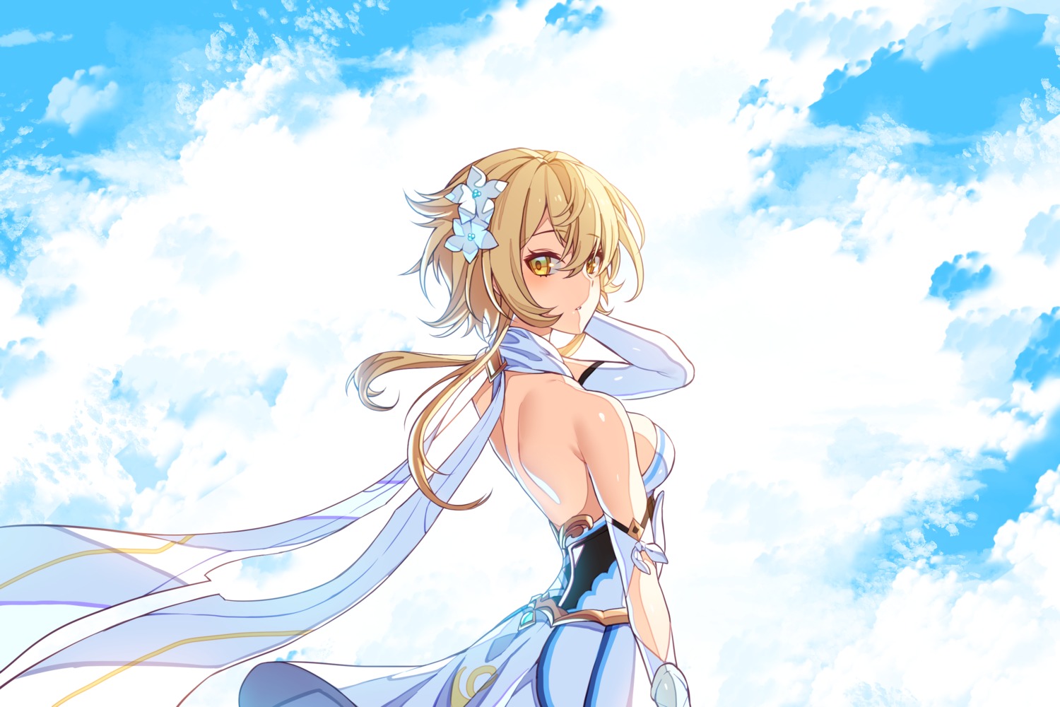 dress, genshin_impact, ia_(ias1010), lumine, no_bra, skirt_lift