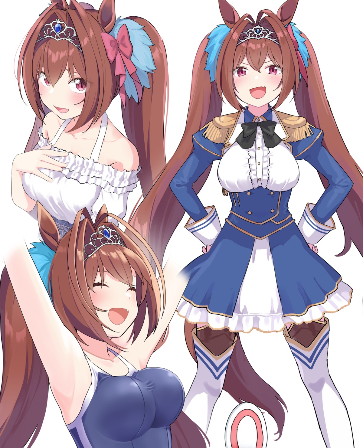 animal_ears, breast_hold, cleavage, daiwa_scarlet_(umamusume), mameroku, school_swimsuit, swimsuits, tail