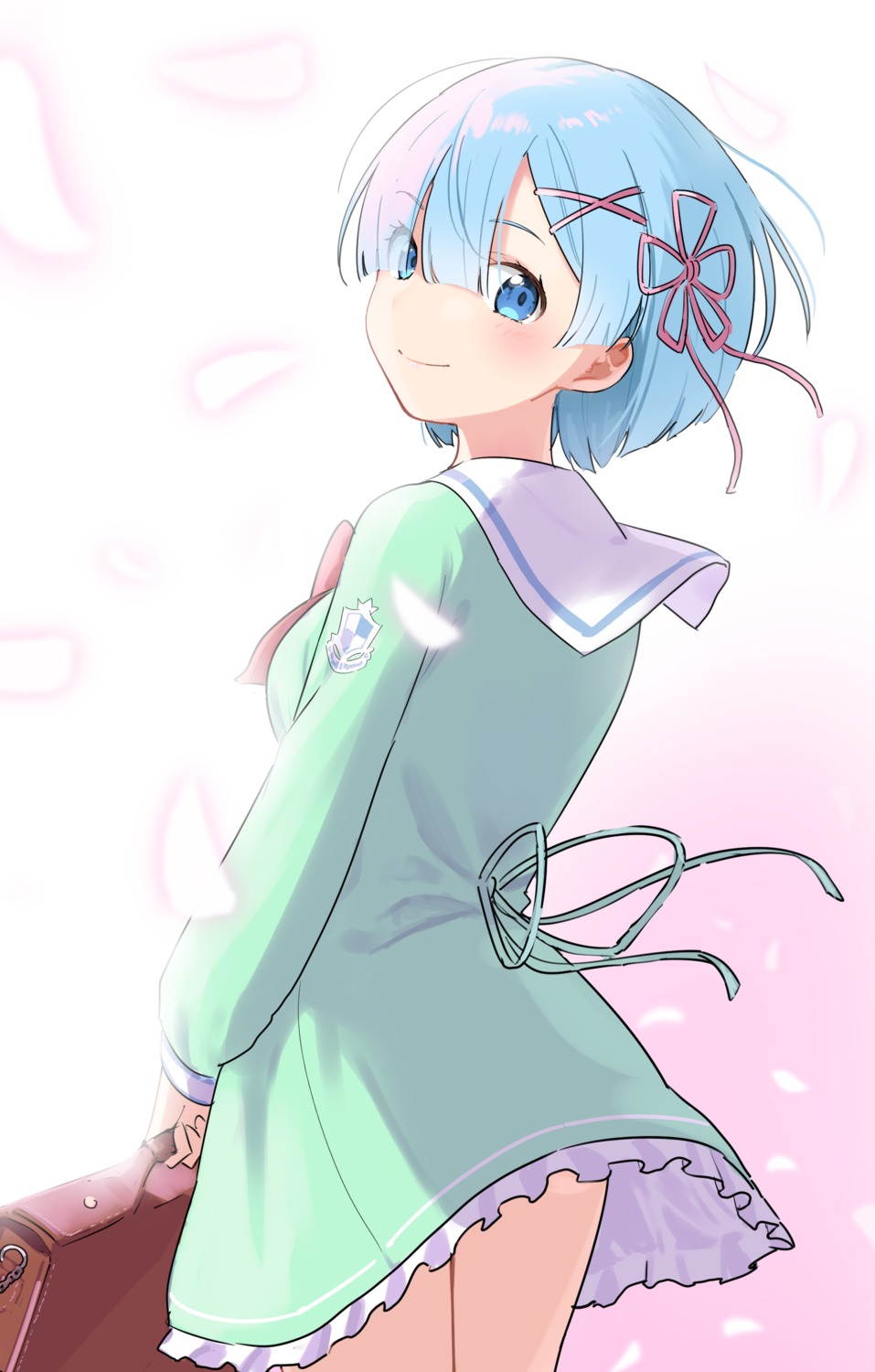 mameroku, re:zero_kara_hajimeru_isekai_seikatsu, rem_(re_zero), seifuku, skirt_lift