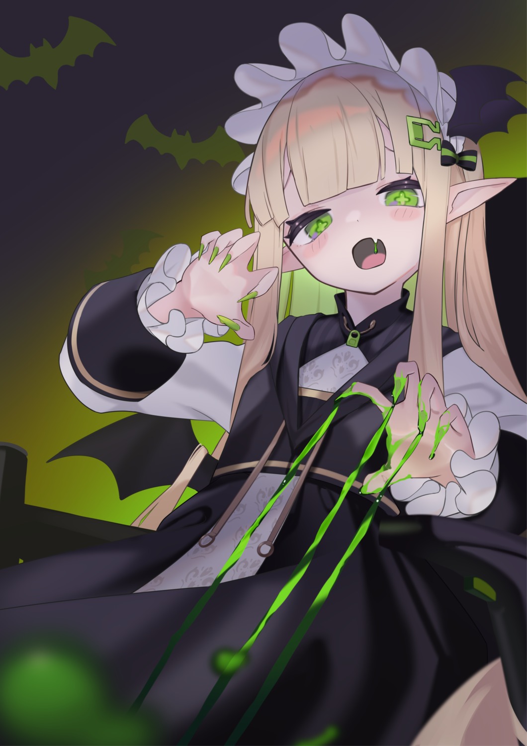 dress, gothic_lolita, kiiui, lolita_fashion, pointy_ears, skirt_lift, wings