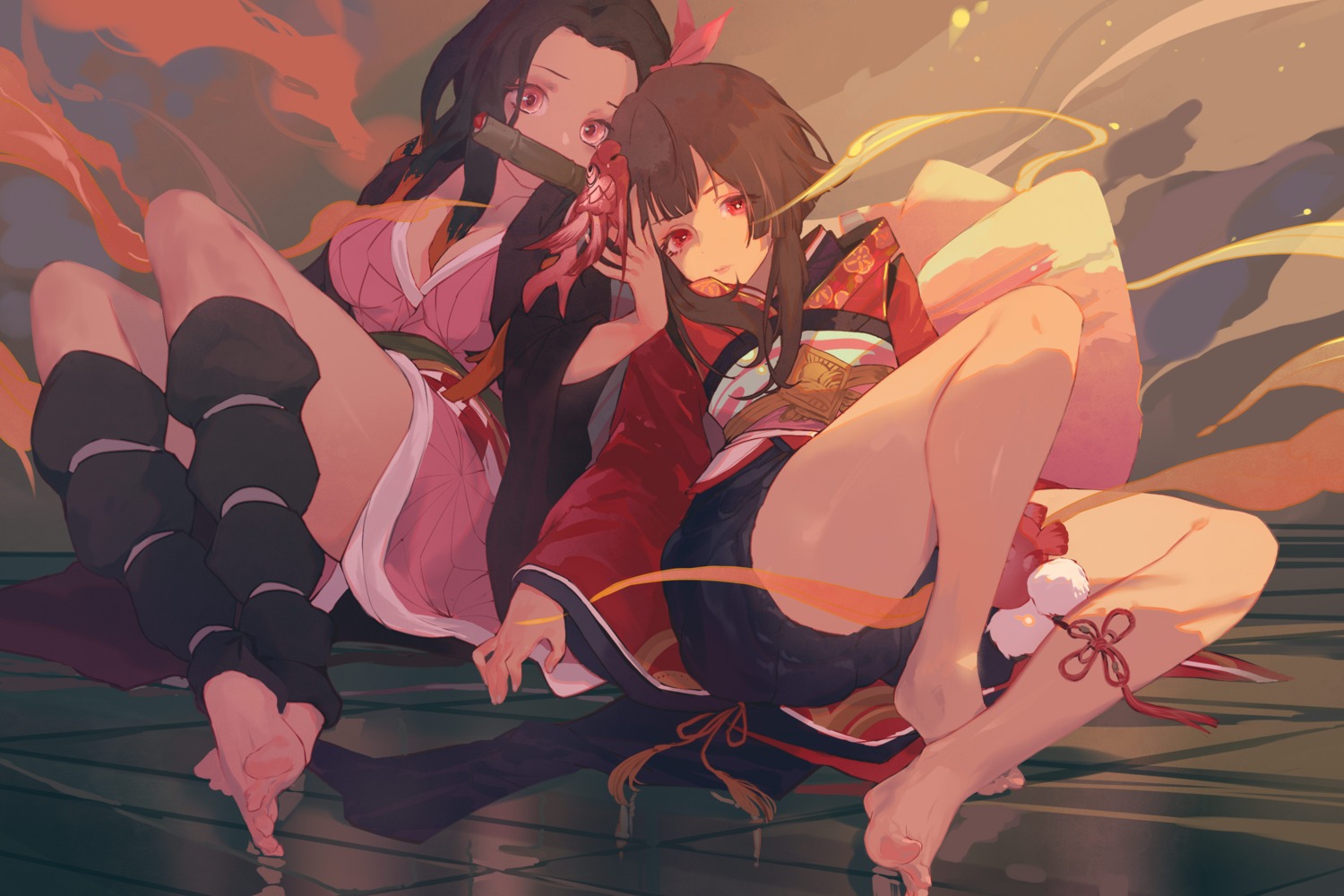 cleavage, crossover, dm_(dai_miao), japanese_clothes, kagura_(onmyouji), kamado_nezuko, kimetsu_no_yaiba, no_bra, onmyouji, open_shirt, skirt_lift