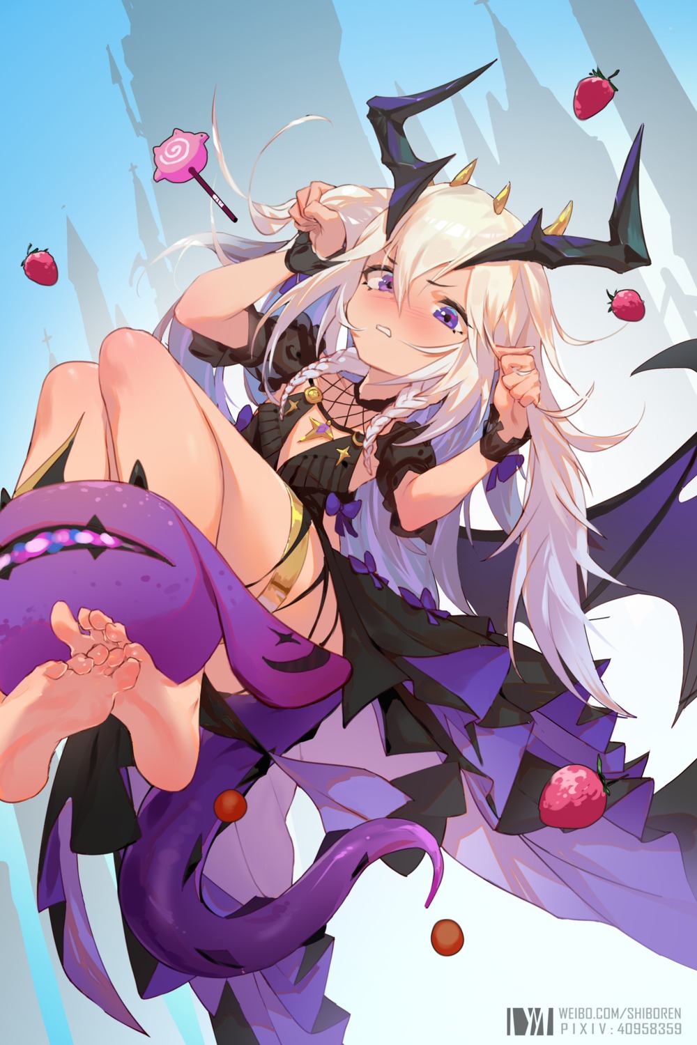 clover_theater, dm_(dai_miao), feet, garter, horns, skirt_lift, tail