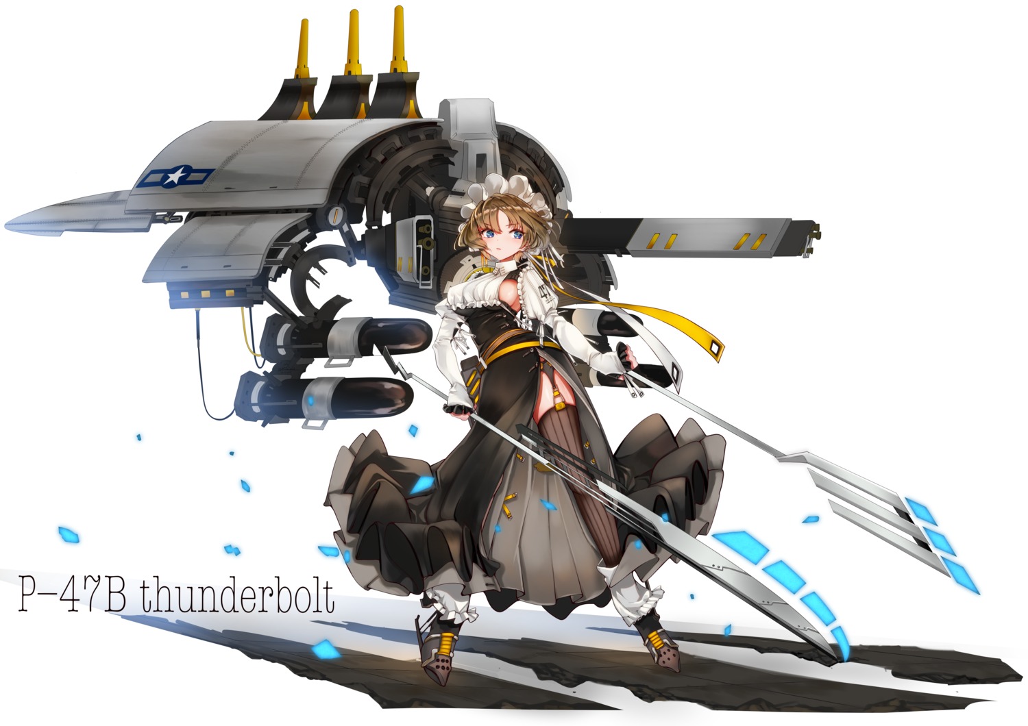 ash_arms, heels, hieno_hiro, no_bra, stockings, thighhighs, weapon