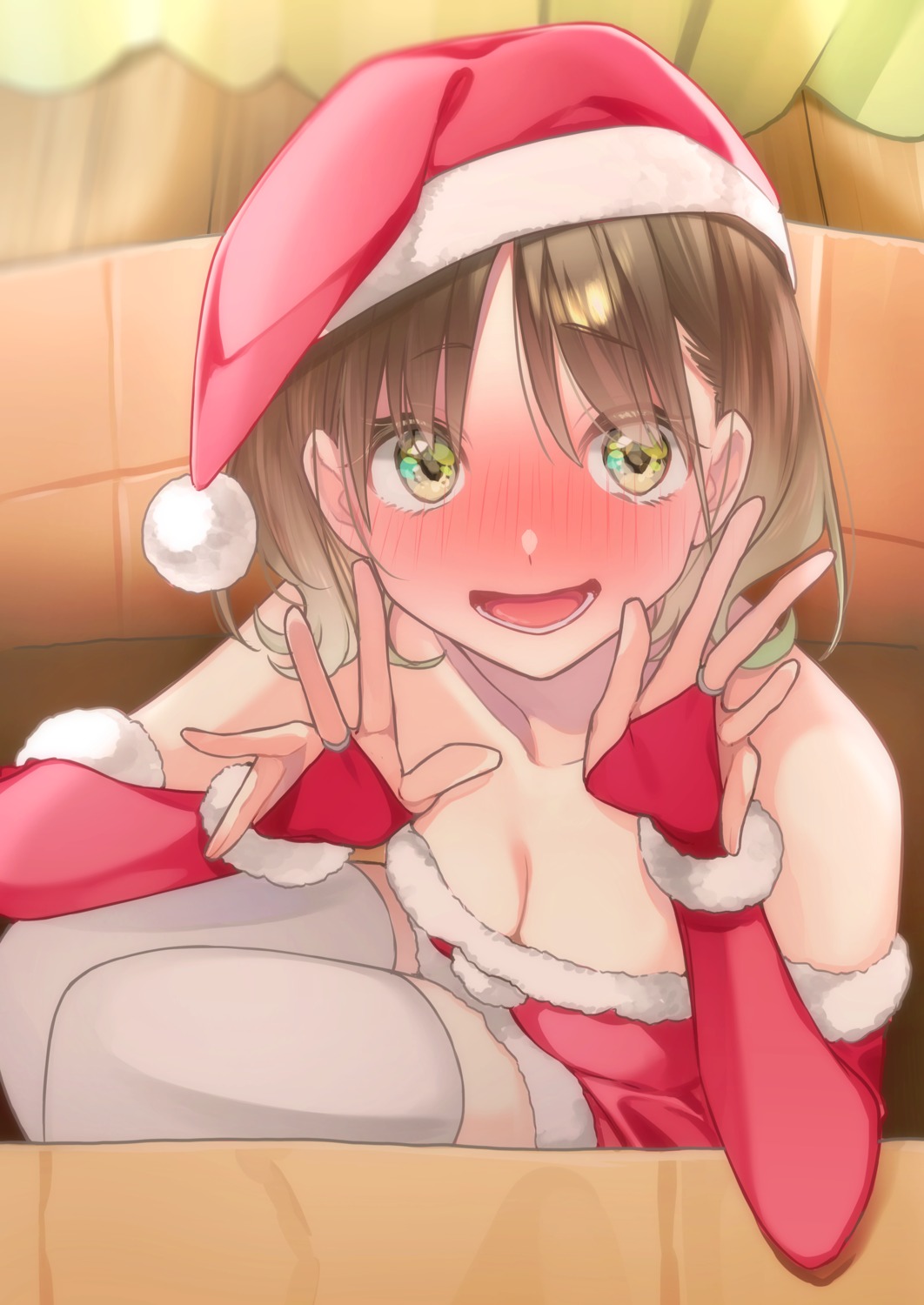 christmas, cleavage, dress, no_bra, rinku_(rin9), skirt_lift, thighhighs