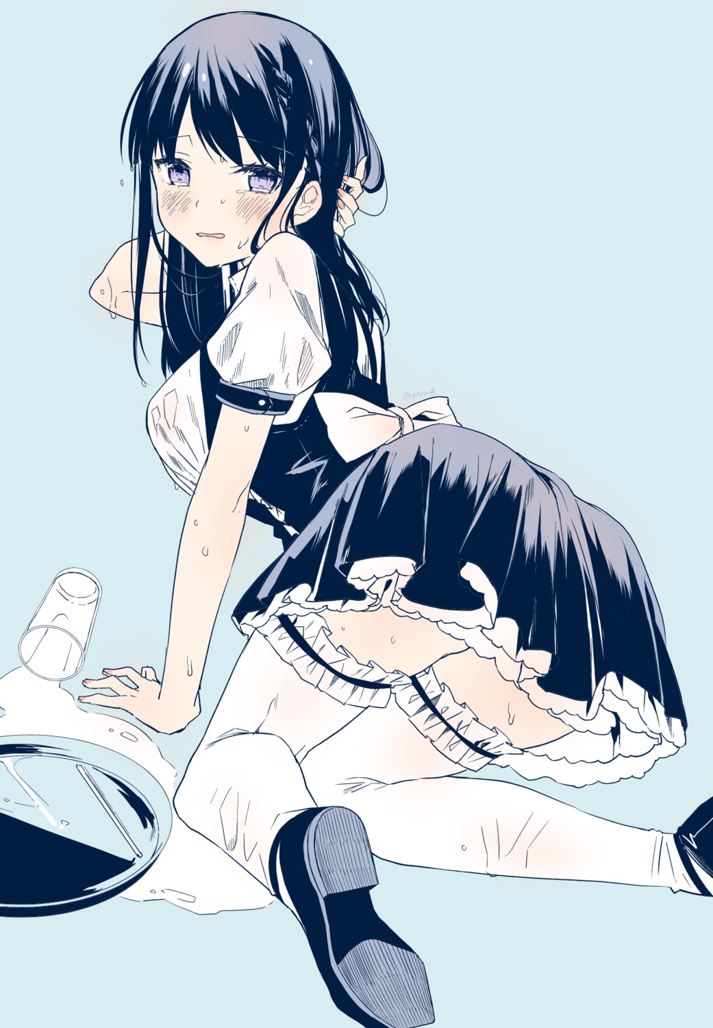 maid, sketch, skirt_lift, thighhighs, wet_clothes, yu_yu