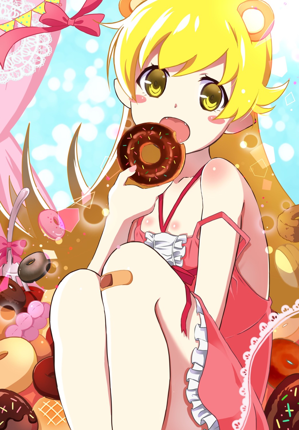 animal_ears, bandaid, dress, mashimaro_tabetai, monogatari_(series), no_bra, oshino_shinobu, pointy_ears, skirt_lift, summer_dress