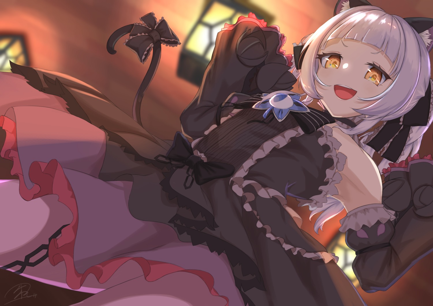 animal_ears, garter, gothic_lolita, hololive, lolita_fashion, mine_tsukasa, murasaki_shion, nekomimi, skirt_lift, tail